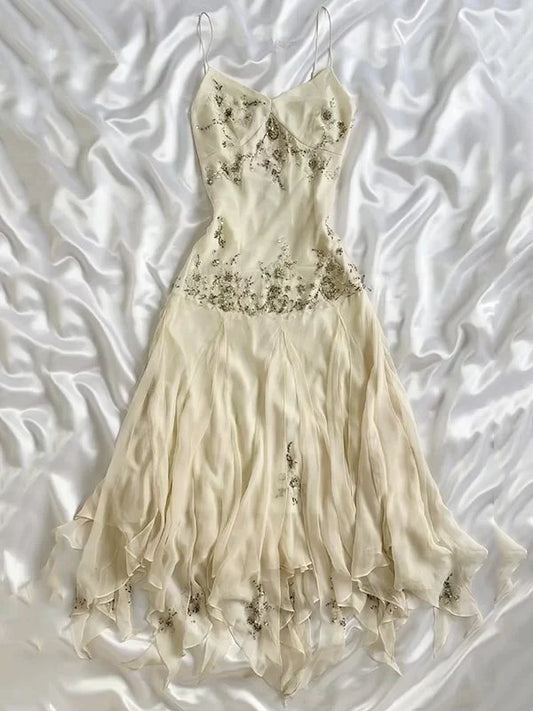 shopuniqlos-Ivory White Dress Vintage Dress Chiffon Formal Dress Party Dress Ruffles Evening Dress Prom Dresses gh5138