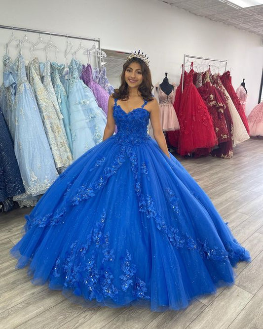 Vestidos de quinceañera azul real con apliques de encaje y tul para fiesta de graduación