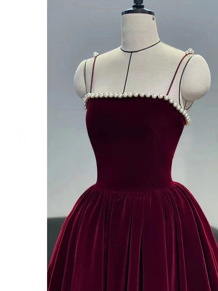 Vestido de fiesta de terciopelo estilo retro burdeos con tirantes finos y cuentas, corte A, TP4058