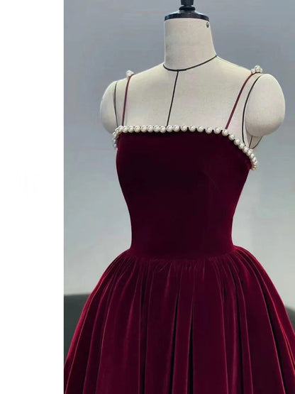 Vestido de fiesta de terciopelo estilo retro burdeos con tirantes finos y cuentas, corte A, TP4058