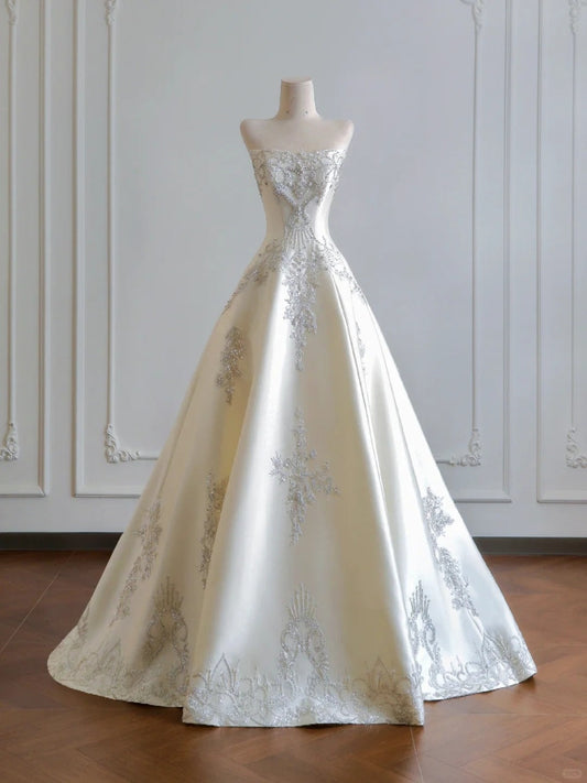 shopuniqlos--White exquisite beaded long satin prom wedding dress gh5482