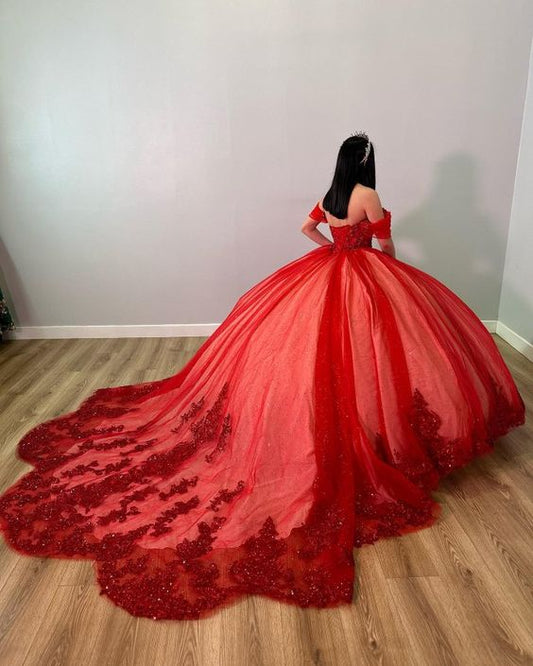 Hermoso vestido de quinceañera con apliques rojos, escote en forma de corazón y cuentas, hombros descubiertos, corte A de tul hasta el suelo, para fiesta de graduación, cumpleaños, noche, baile, TP4397