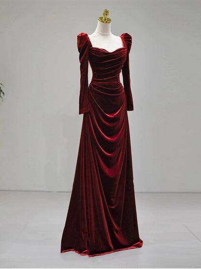 Elegant Wine Red Velvet Long Sleeves Formal Dress, Formal Wedding Party Dress    cg25023