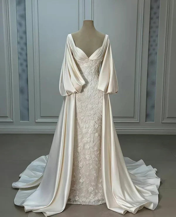 shopuniqlos-Ivory white long-sleeved satin long floor-length wedding dress prom dress gh5390