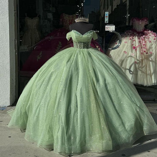 Elegante vestido verde salvia con hombros descubiertos para quinceañeras, corte A, para fiesta de graduación, cumpleaños, noche, baile, TP4521