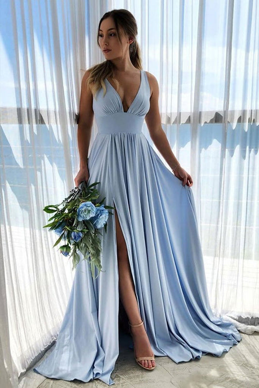 A Line Light Blue Long Prom Dress With Side Slit,WP164