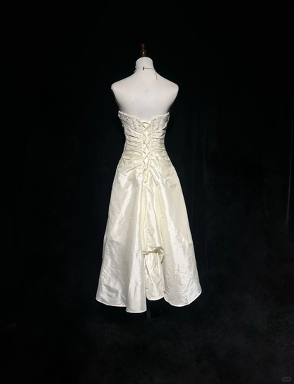 Vintage A Line Sweetheart Neck Beaded White Satin Short Homecoming Dress Cocktail Dress SH3148