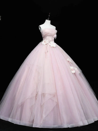 Vestido de quinceañera sencillo, sin tirantes, con apliques rosas, corte A, de tul, largo hasta el suelo, para fiesta de graduación, cumpleaños, noche, baile, TP4405