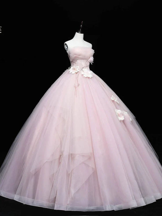 Vestido de quinceañera sencillo, sin tirantes, con apliques rosas, corte A, de tul, largo hasta el suelo, para fiesta de graduación, cumpleaños, noche, baile, TP4405