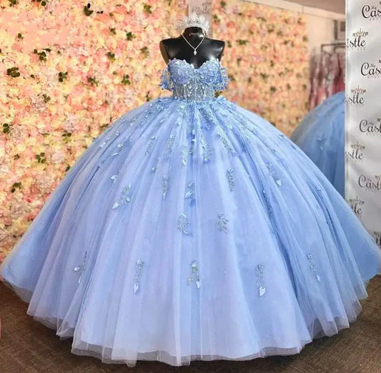 Elegante vestido de quinceañera con apliques de cuentas azules y hombros descubiertos, corte A, para fiesta de cumpleaños, noche, baile, TP4525