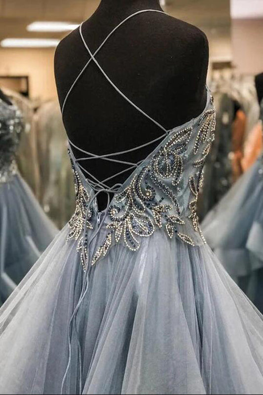 A Line Gray Organza Beaded Prom Dress With Ruffles,WP140