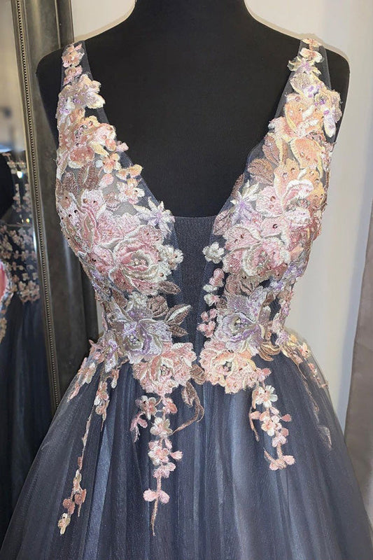 A Line Smoke Tulle Lace Appliques Prom Dress Evening Dress,WP159