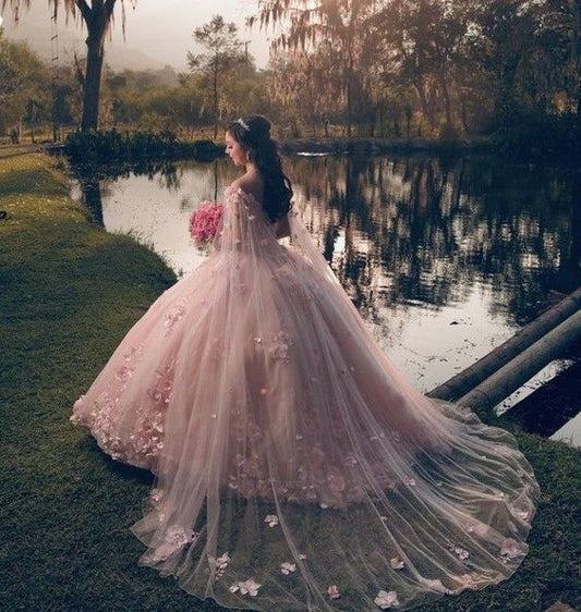 Hermoso vestido de quinceañera con apliques rosas y hombros descubiertos, corte A, para fiesta de cumpleaños, noche, baile, TP4518