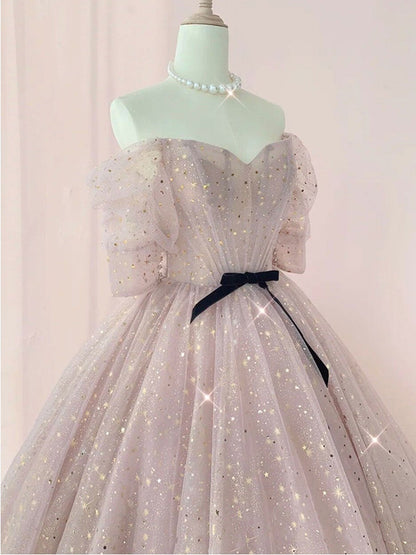 Champagne tulle long prom dress, tulle long evening dress