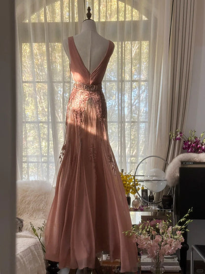 Sexy V Neck Chiffon Vintage Evening Dresses, Sleeveless Long Party Gowns  cg25504