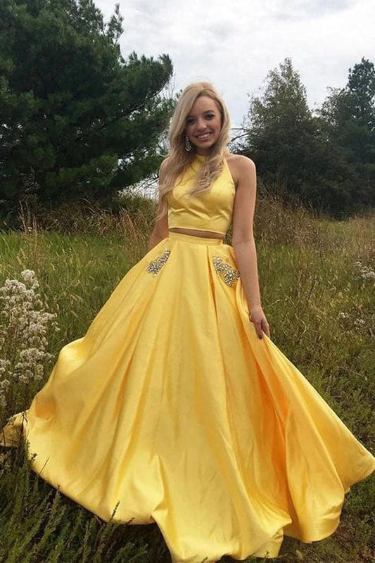 Two Piece Halter Satin Long Prom Dress With Beading Pocket,WP258