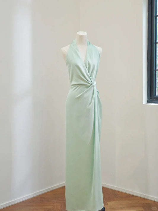 shopuniqlos-Mint Green Simple Fashion Halter Neck Long Satin Prom Dress Evening Dress Party Dress Bridesmaid Dress gh5055