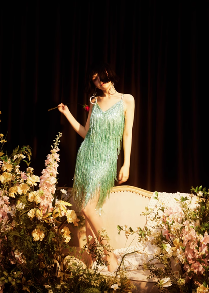 Shiny Bright Green Sequin A Line Spaghetti Strap Short Homecoming Dress Cocktail Dress SH3577