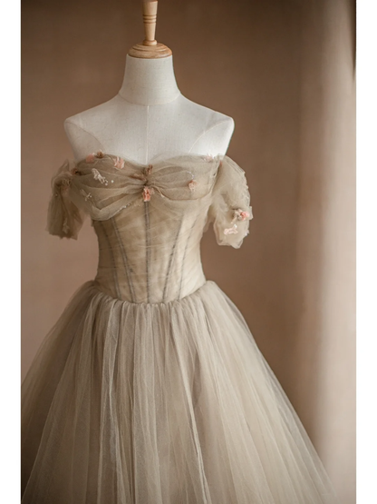 Light Camel A Line Off the Shoulder Floral Tulle Long Party Dress Prom Dress Formal Dress SH3855