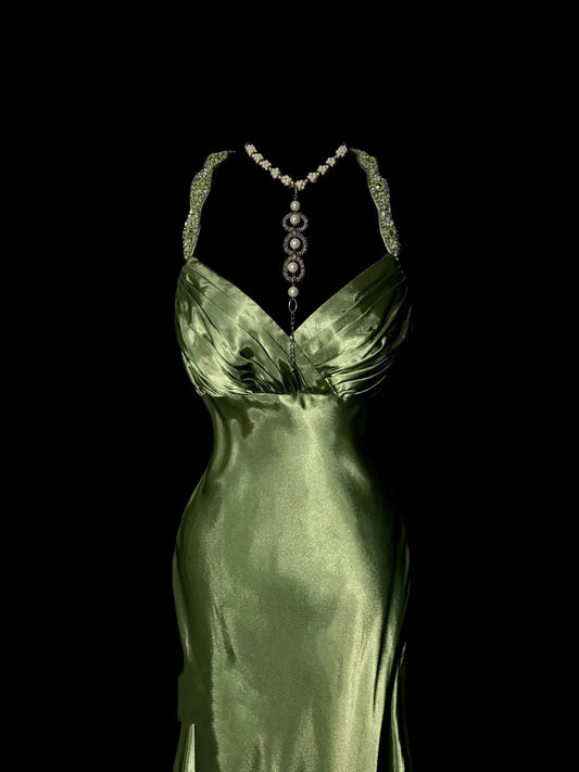 Green Retro Elegant Fashion Exquisite Beaded Shoulder Straps Long Floor Length Trailing Satin Prom Dress Evening Gown Graduation Gown gh4002