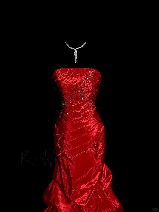 shopuniqlos-Red exquisite beaded vintage dress long satin floor-length ball gown graduation dress gh5241