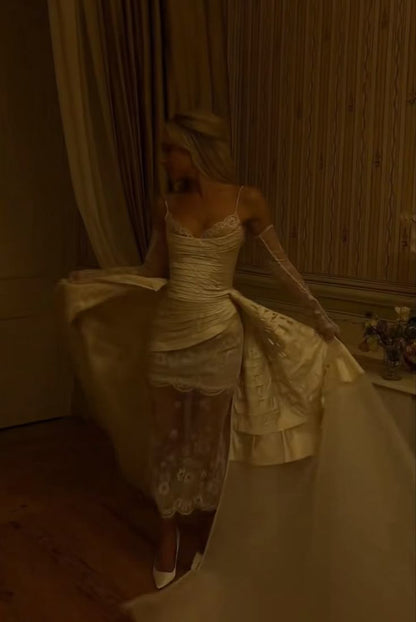 Elegant Spaghetti Strap Satin Lace Wedding Dress Bridal Gown   fg7551