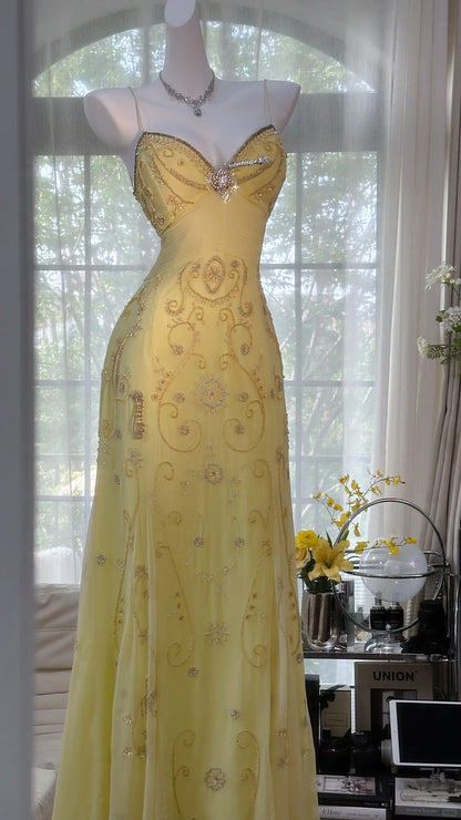 Yellow Beaded Evening Dress Unique Long Prom Dress    cg25572