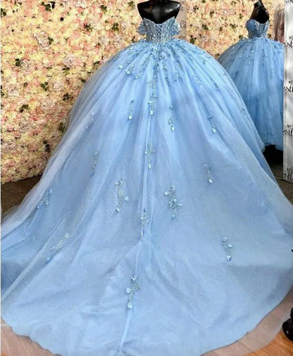 Elegante vestido de quinceañera con apliques de cuentas azules y hombros descubiertos, corte A, para fiesta de cumpleaños, noche, baile, TP4525