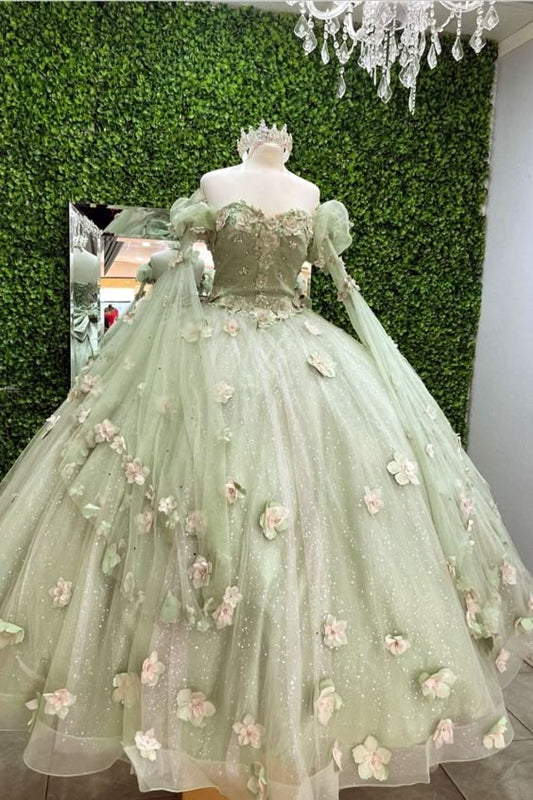 Hermoso vestido de quinceañera verde menta con apliques de flores 3D y escote en forma de corazón, de tul, largo hasta el suelo, para fiesta de cumpleaños, noche, baile, TP4406