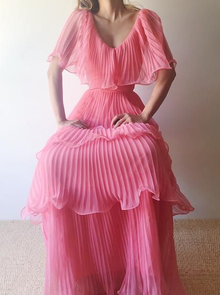 Pink Layered Chiffon A Line V Neck Simple Long Party Dress Evening Dress 18 Birthday Dress SH3624