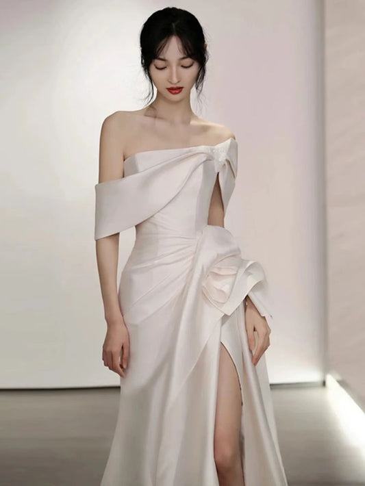 Off-The-Shoulder Satin High Split Twist Front Train Dresses For Wedding     fg6444