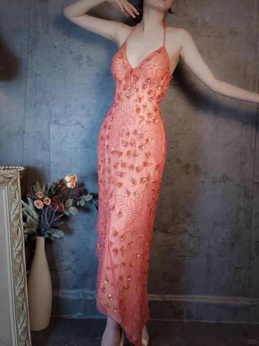 vintage mermaid peach color beaded halter neck beauty butterfly bead flower gentle elegant romantic prom dress evening dress party dress gh4805