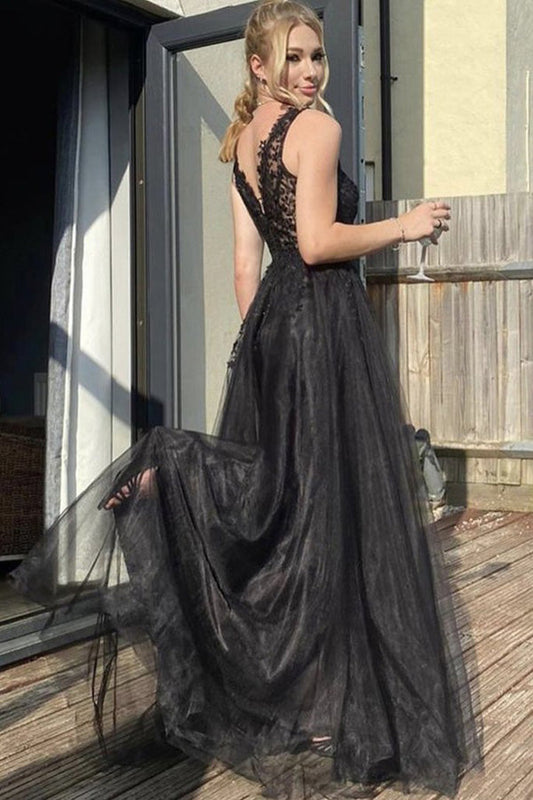 A Line V Neck Black Tulle Prom Dress Black Evening Dress,WP128