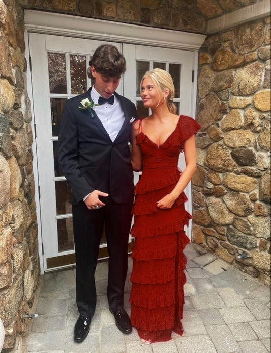 long red prom dresses, sexy lace evening dress with slit      fg833
