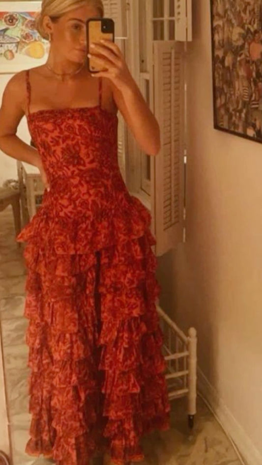 Popular Spaghetti Straps Floor Length Prom Dress New Fashion Tiered Evening Dress     fg3074