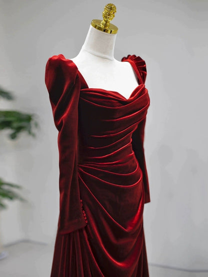Elegant Wine Red Velvet Long Sleeves Formal Dress, Formal Wedding Party Dress    cg25023