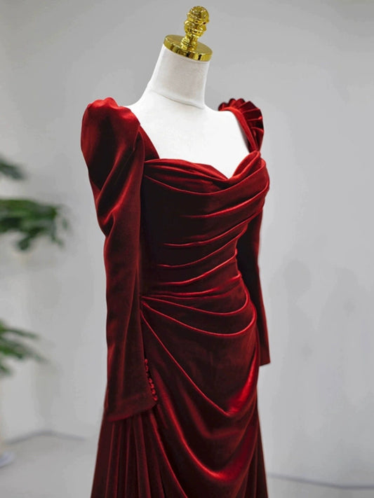 Elegant Wine Red Velvet Long Sleeves Formal Dress, Formal Wedding Party Dress    cg25023