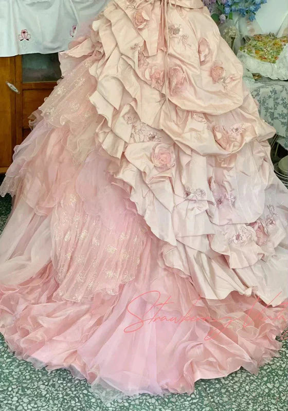 Elegante vestido de quinceañera rosa con flores 3D, corte A, largo hasta el suelo, para fiesta de cumpleaños, noche, baile, TP4421
