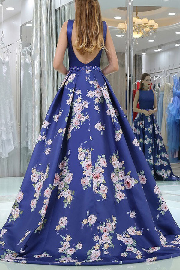 Royal Blue Satin Floral Print Long Prom Dress Evening Dress,WP217