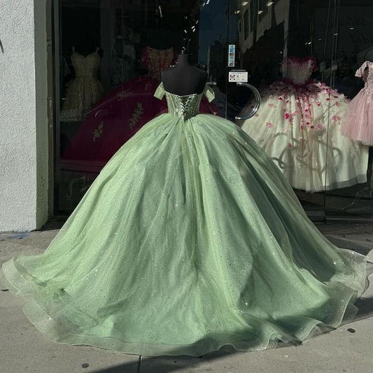 Elegante vestido verde salvia con hombros descubiertos para quinceañeras, corte A, para fiesta de graduación, cumpleaños, noche, baile, TP4521