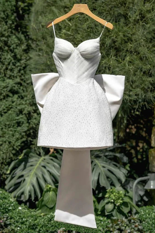 Cute White Sweetheart Spaghetti Strap Bow A-Line Short Party Dress Cocktail Dress Homecoming Dress TP4372