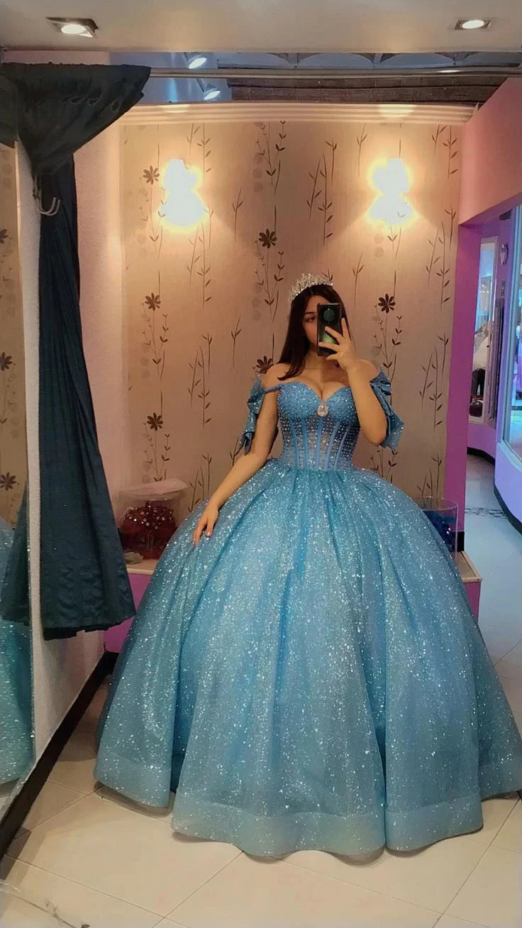 Elegante vestido azul de quinceañera con escote corazón y hombros descubiertos, corte A, largo hasta el suelo, para fiesta de graduación, cumpleaños, noche, baile, TP4532