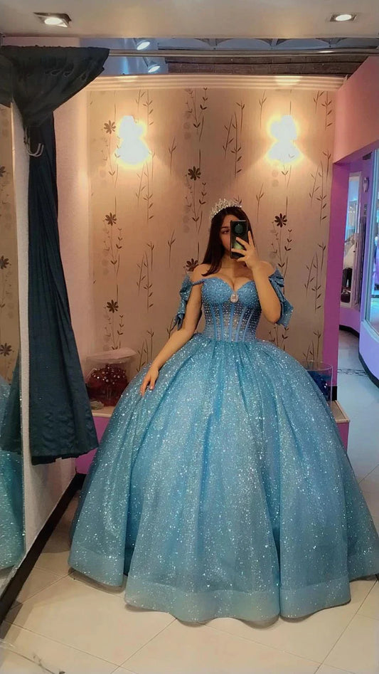 Elegante vestido azul de quinceañera con escote corazón y hombros descubiertos, corte A, largo hasta el suelo, para fiesta de graduación, cumpleaños, noche, baile, TP4532