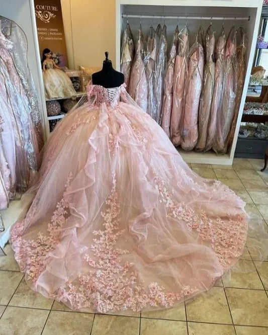 Hermoso vestido de quinceañera rosa con apliques de corazón, corte A, de tul hasta el suelo, para fiesta de graduación, cumpleaños, noche, baile, TP4547
