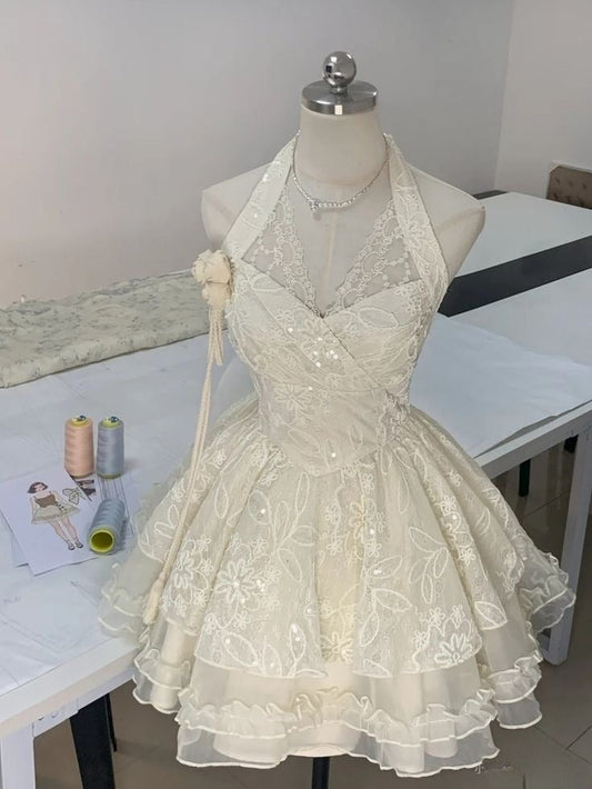 Ivory Tulle Lace Short Party Dress Evening Dress Homecoming Gowns      cg25585