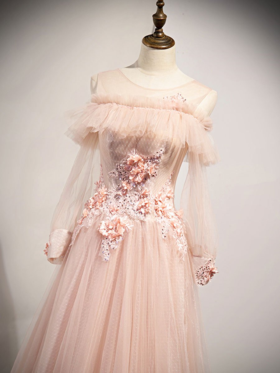 Vestido de fiesta largo de tul con cuello redondo rosa y encaje, vestido de dama de honor de encaje rosa