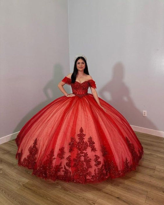 Hermoso vestido de quinceañera con apliques rojos, escote en forma de corazón y cuentas, hombros descubiertos, corte A de tul hasta el suelo, para fiesta de graduación, cumpleaños, noche, baile, TP4397