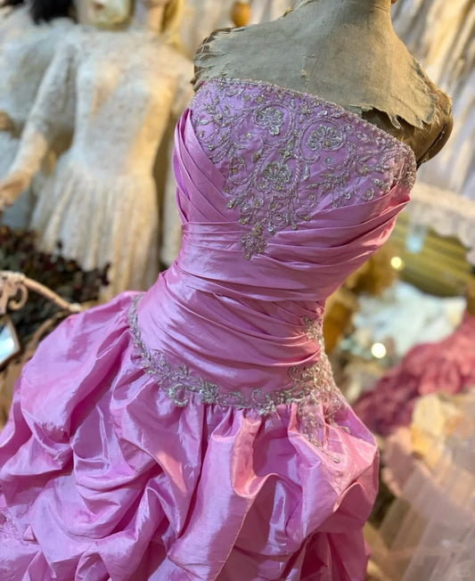 Pink Applique Vintage Elegant Long Satin Ball Gown Evening Dress Party Dress gh5046