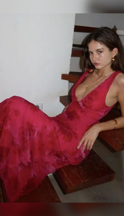 Elegant V-Neck Rose Print Dress Women Sleeveless Evening Party Vintage Evening Dress  cg25380