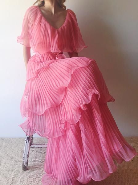 Pink Layered Chiffon A Line V Neck Simple Long Party Dress Evening Dress 18 Birthday Dress SH3624